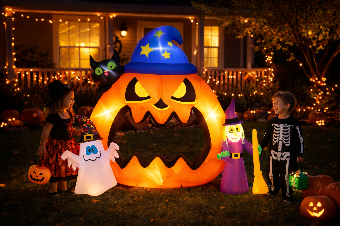 Firstness 8ft Halloween Inflatable Pumpkins Photo Door with Ghost Witch Yard Party Outdoor Decorations with LED Lights