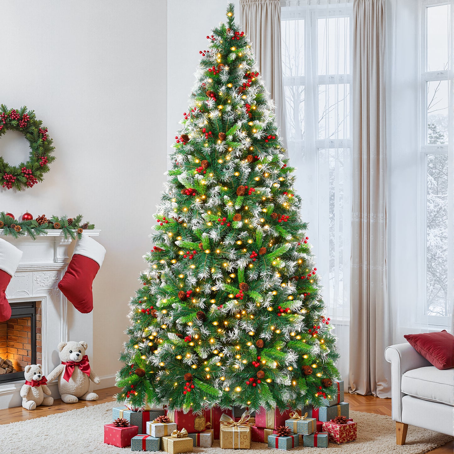 Firstness 6/7.5/9ft Pre-Lit Pre-Decorated Artificial Christmas Tree with Lights and Branch Tips,Hinged Xmas Tree,Pine Cones and Red Berries