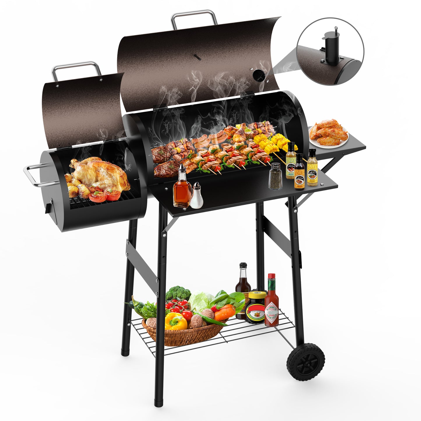 Firstness Charcoal Grill, Outdoor BBQ Grill Charcoal with Offset Smoker for Barbecue Pit Patio Backyard Camping Picnics, Black & Brown