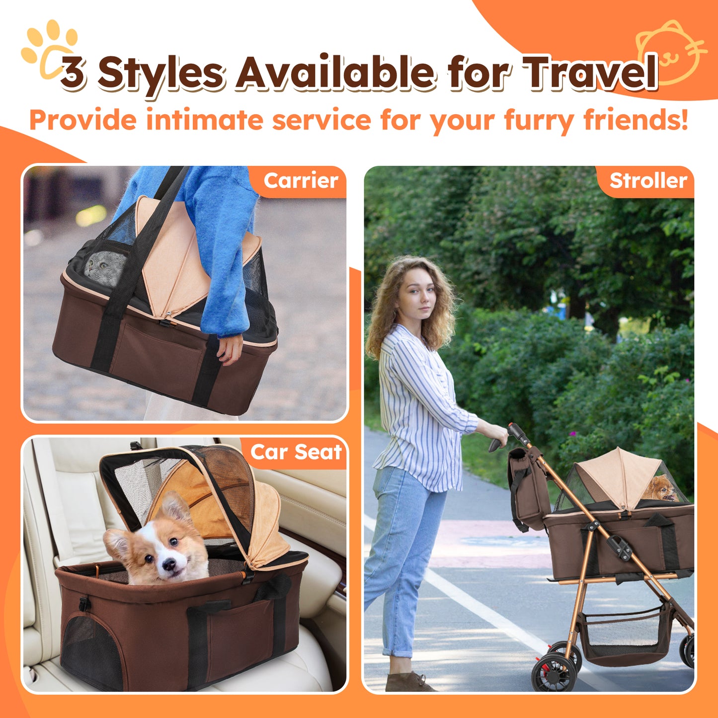 Monasem 4 Wheels Foldable Pet Stroller 3 in 1 with Waterproof Detachable Pets Travel Carrier for Small/Medium Dogs Cats up to 60lbs, Brown