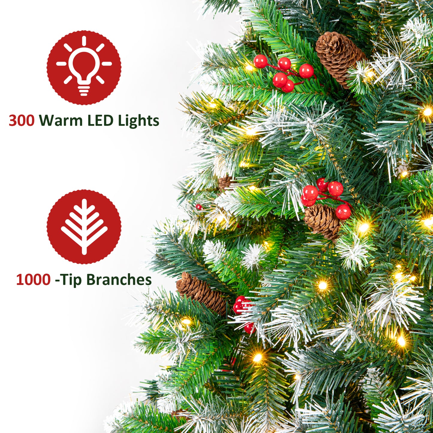 Firstness 6ft Pre-Lit Artificial Christmas Tree,Green Xmas Tree with 1000 Branch Tips 300 LED Lights,Pine Cones + Red Berries