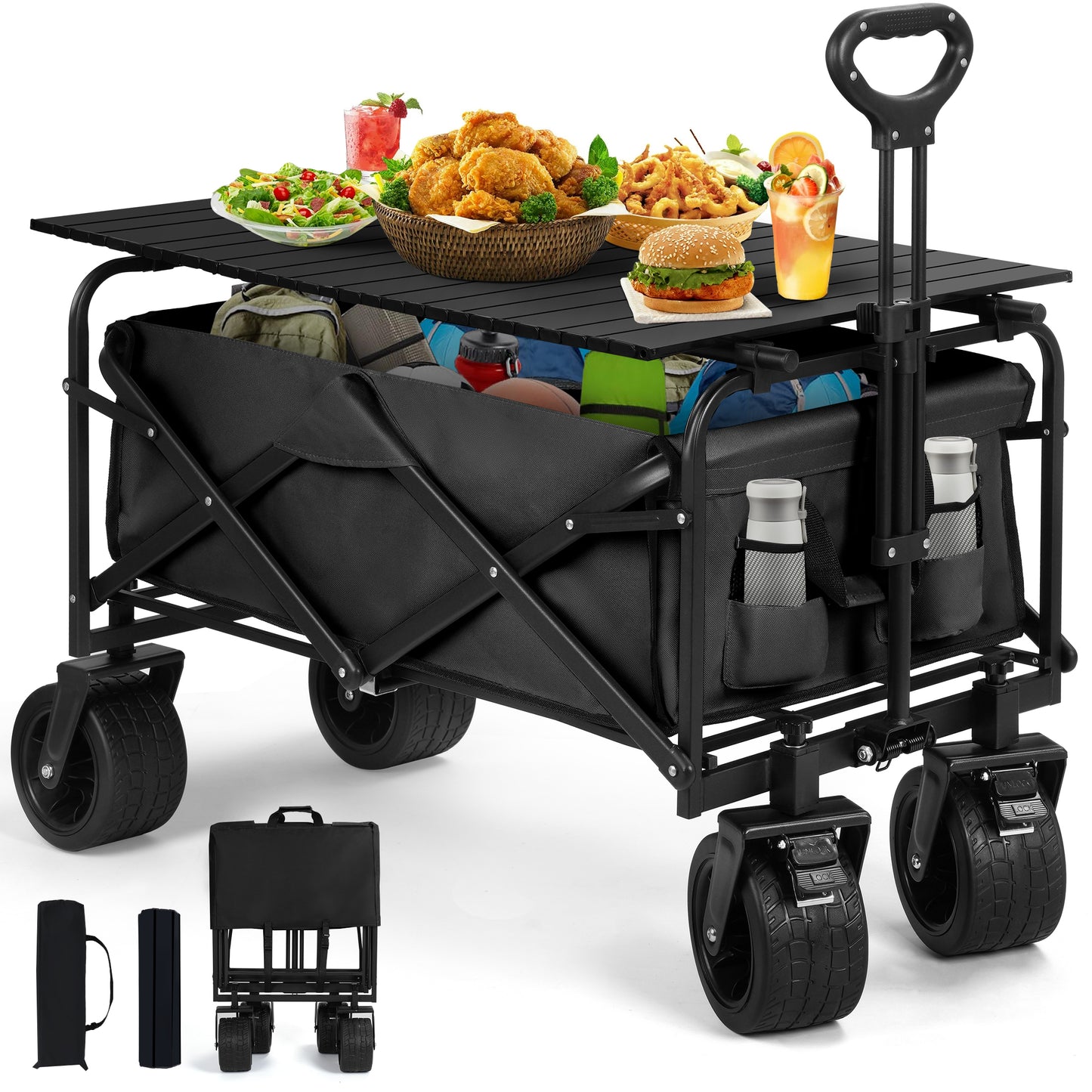 Firstness Collapsible Wagon Cart with Tabletop, 385 lbs Heavy Duty Utility Garden Wagon for Camping, Beach, Picnic, Sports, Shopping & Grocery