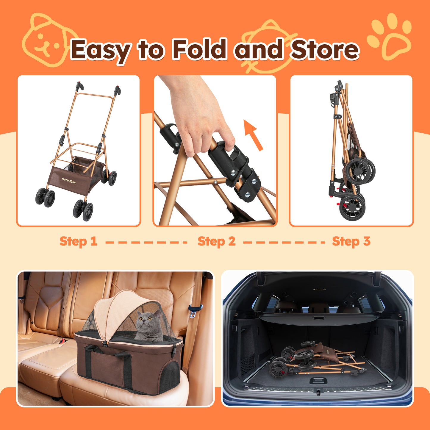 Monasem 4 Wheels Foldable Pet Stroller 3 in 1 with Waterproof Detachable Pets Travel Carrier for Small/Medium Dogs Cats up to 60lbs, Brown