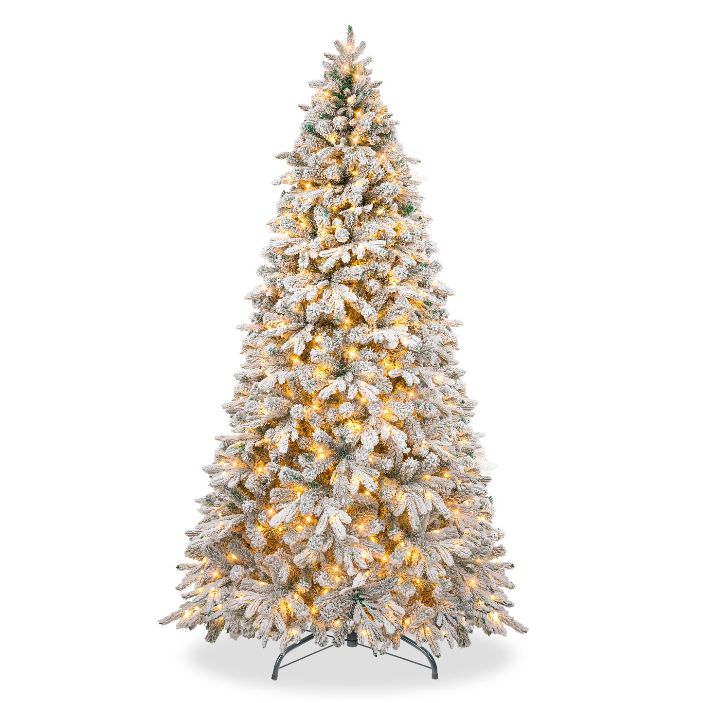 Firstness 6/7.5/9ft Pre-Lit Snow Flocked Artificial Christmas Tree, Hinged Christmas Tree with Branch Tips and Warm LED Lights, Metal Stand, Party Decorations