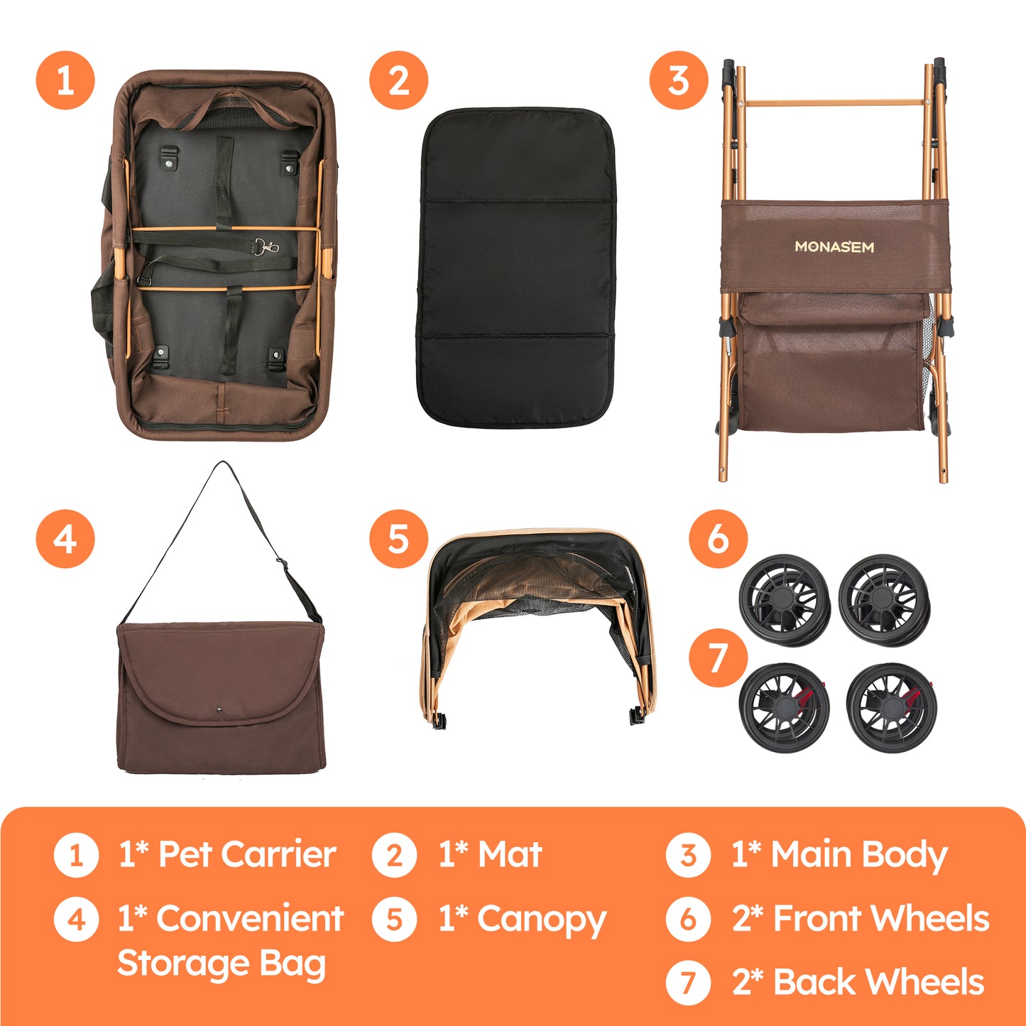 Monasem 4 Wheels Foldable Pet Stroller 3 in 1 with Waterproof Detachable Pets Travel Carrier for Small/Medium Dogs Cats up to 60lbs, Brown