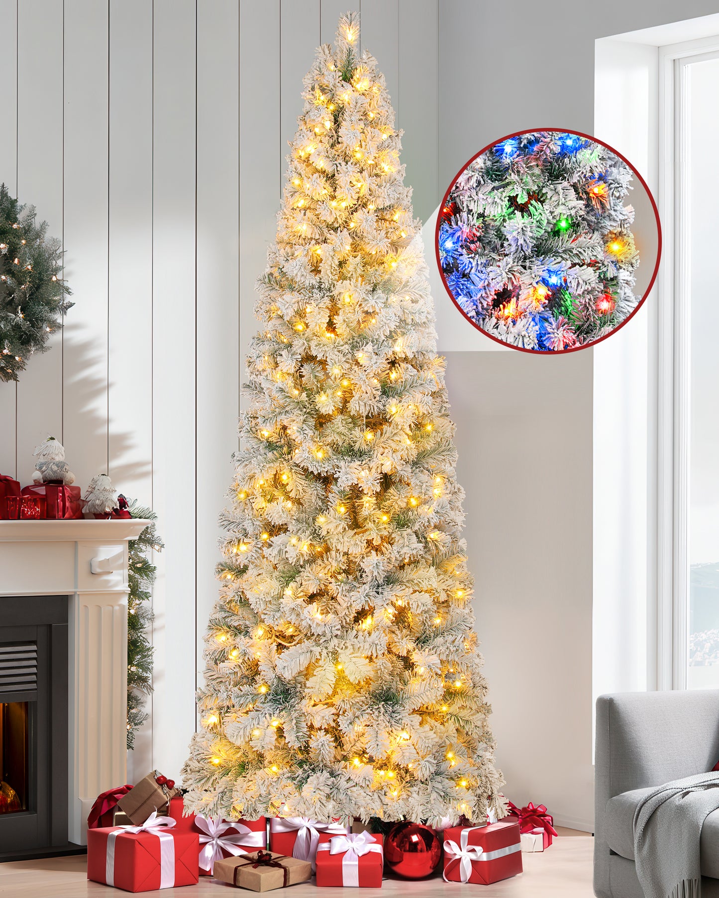 Firstness 6/7.5/8/9ft Pre-Lit Flocked Portland Pine Pencil Artificial Christmas Tree
