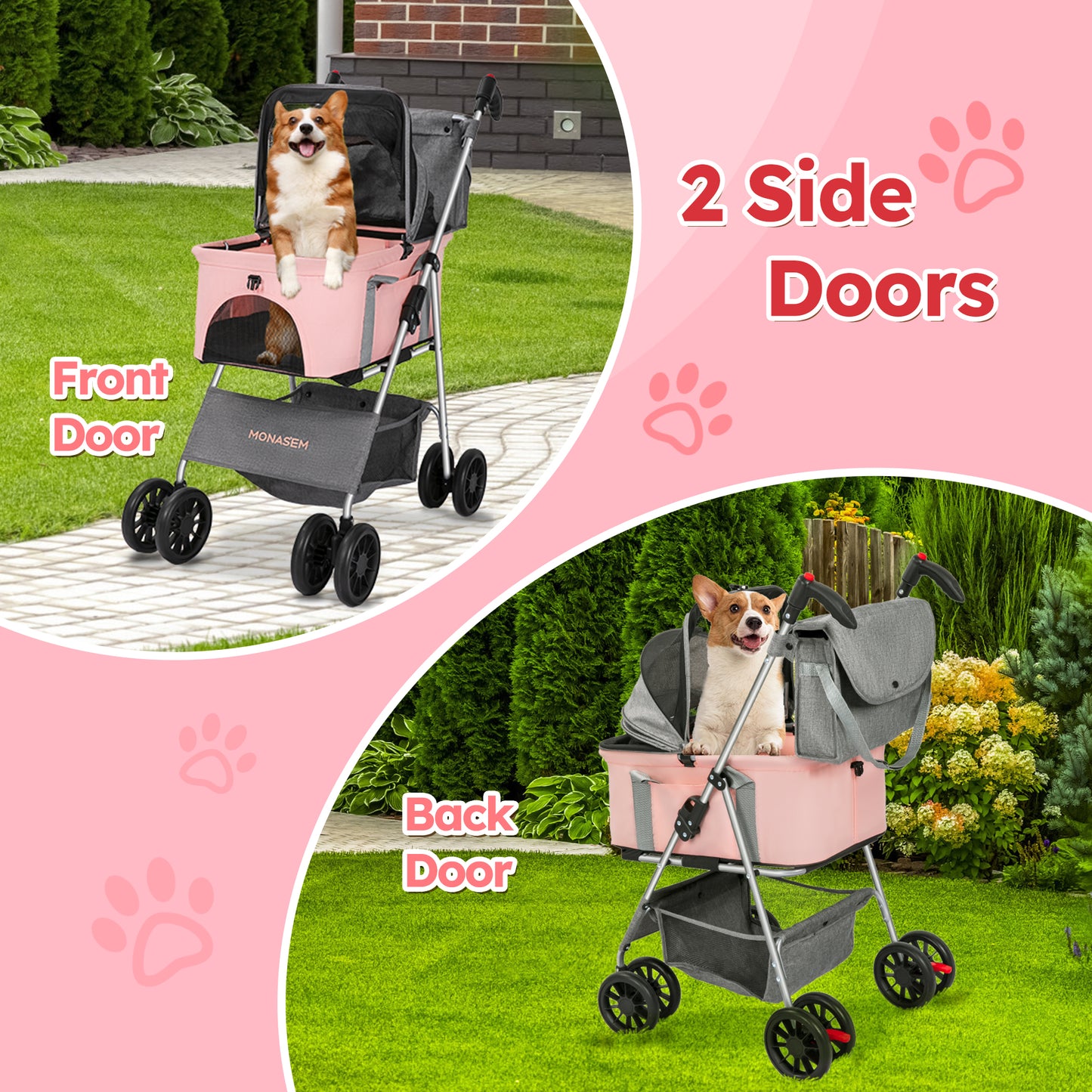 Monasem Pets Stroller, Dog Cat Stroller 3-in-1 Detachable Doggy Stroller with Portable Bag for Small Medium Dogs Travel(Pink)