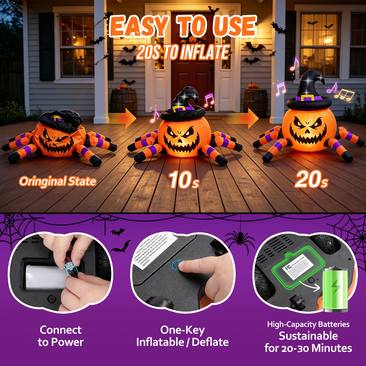 Firstness 2.6ft Halloween Inflatable with Music and Lights,Remote Control Pumpkin Ghost Car,Blow ups Rc Car,Indoor Outdoor,Orange Green