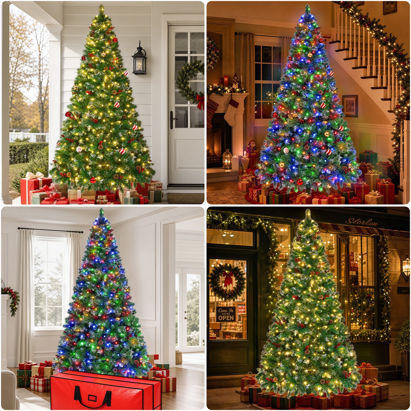 Firstness 9ft Pre-Lit Artificial Christmas Tree with Storage Bag, Warm & Multicolor Xmas Tree with 2300 Branch Tips,Pine Cones + Red Berries