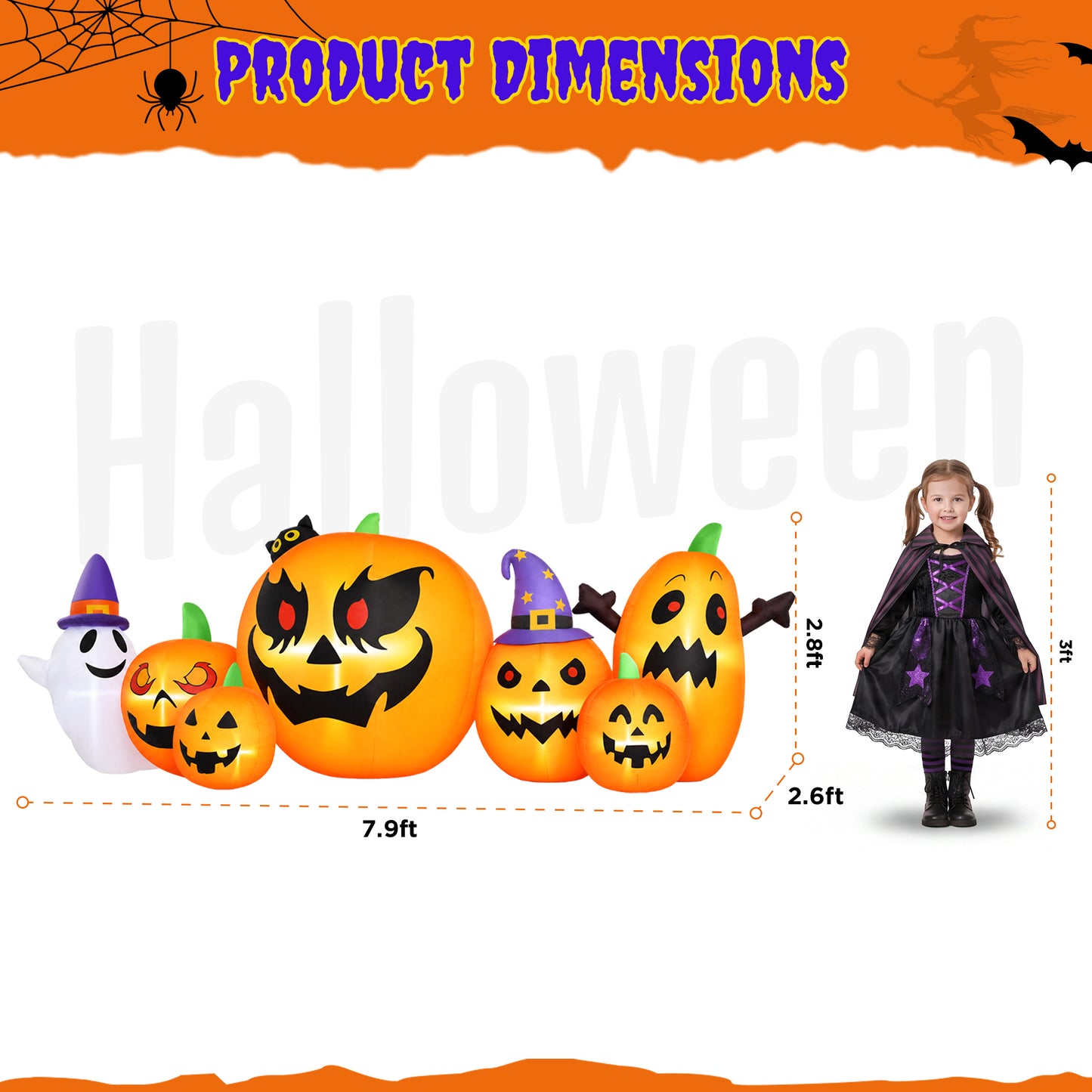 Firstness 7.9FT Halloween Inflatable Pumpkin Ghost with Lights, Halloween Blow Ups Outdoor Decoration for Home Party