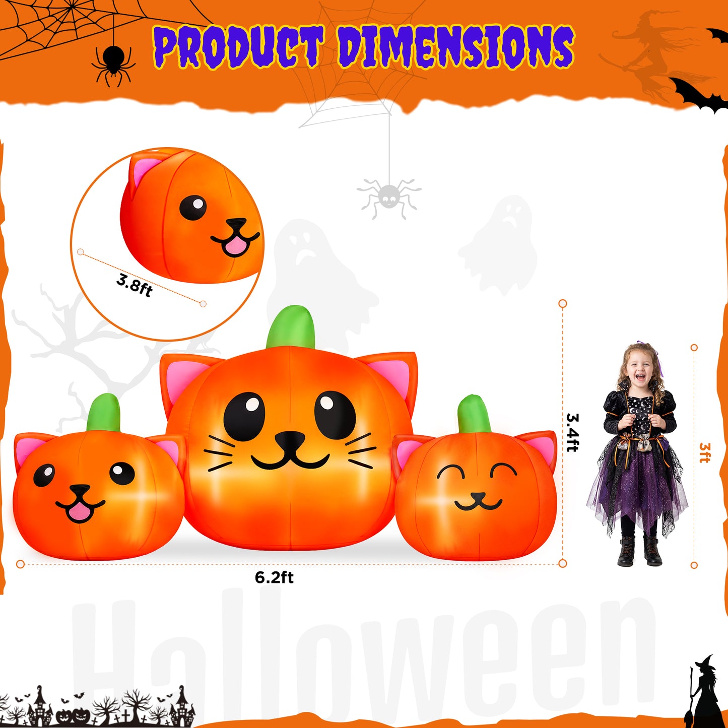 Firstness 6FT Long Halloween Inflatable Pumpkins Cat Outdoor Decorations,3 Pumpkins with Lights for Party Yard
