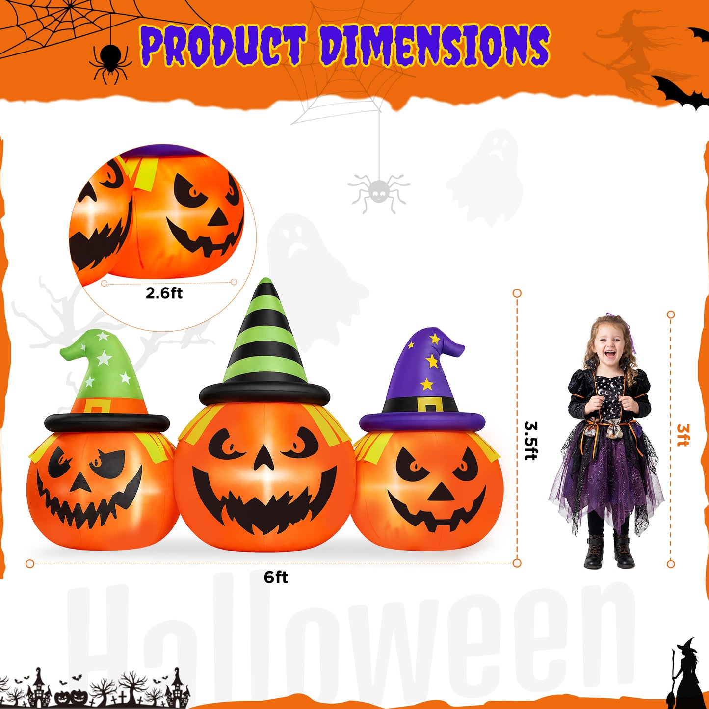 Firstness 6FT Halloween Inflatable,Three Pumpkins with LED Lights Outdoor Decorations