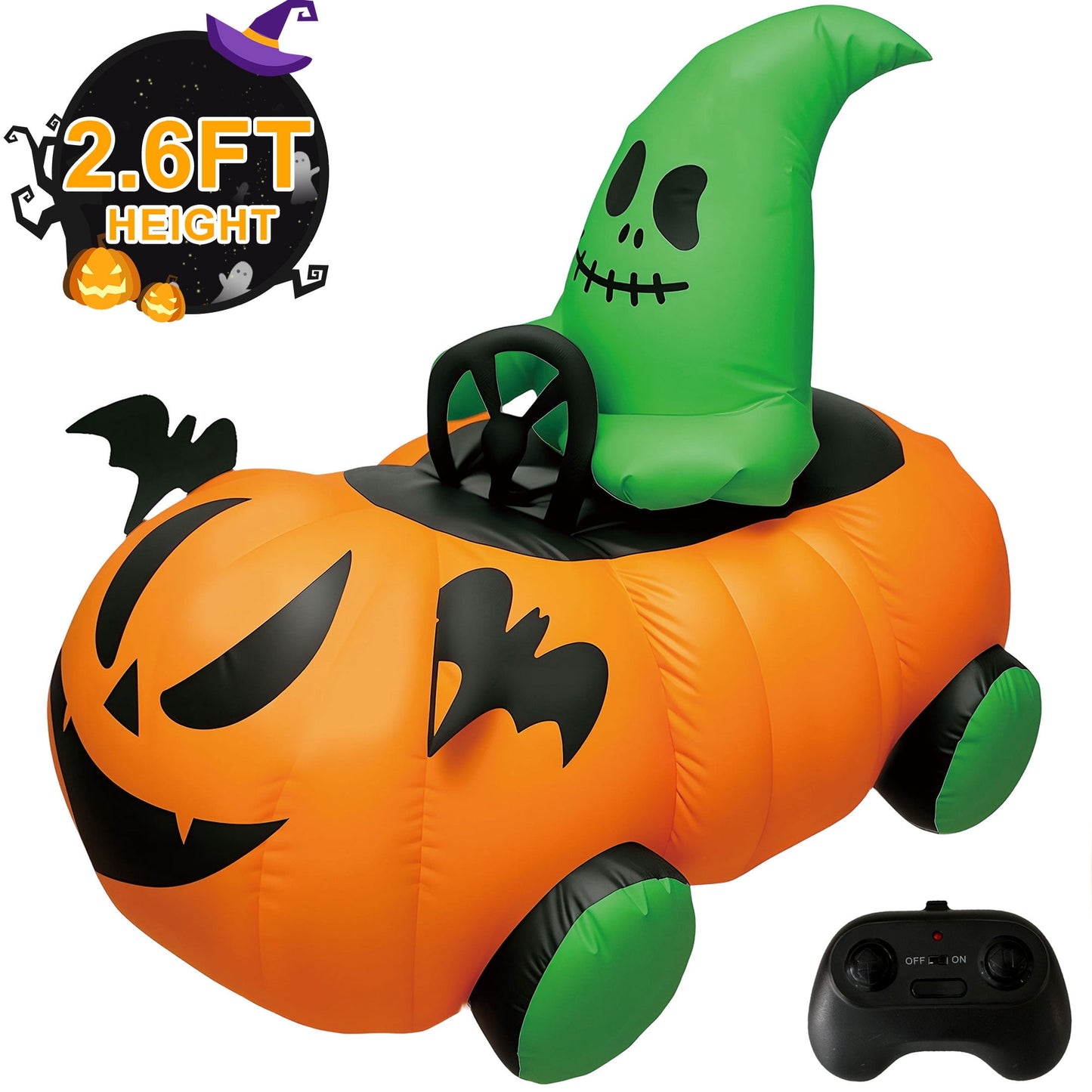 Firstness 2.6ft Remote Control Halloween Inflatable Pumpkin Ghost Car, Moving Blow up Halloween Decoration Toy for Kids, Indoor Outdoor Yard Use