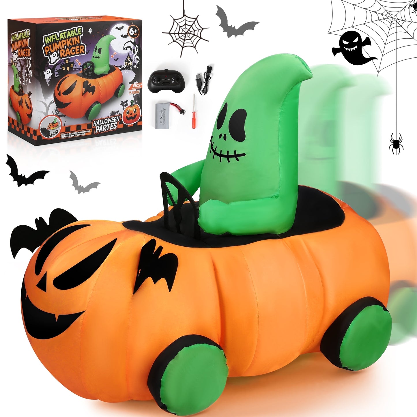 Firstness 2.6ft Remote Control Halloween Inflatable Pumpkin Ghost Car, Moving Blow up Halloween Decoration Toy for Kids, Indoor Outdoor Yard Use
