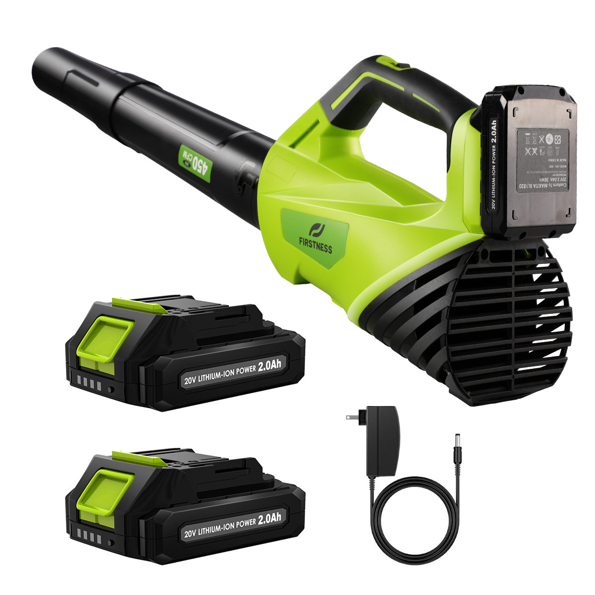 Firstness Cordless Leaf Blower, 450 CFM 145 MPH Electric Blower with 2 Speeds, 2×2.0Ah Batteries and Charger, Lightweight for Yard, Patio and Dust Cleaning