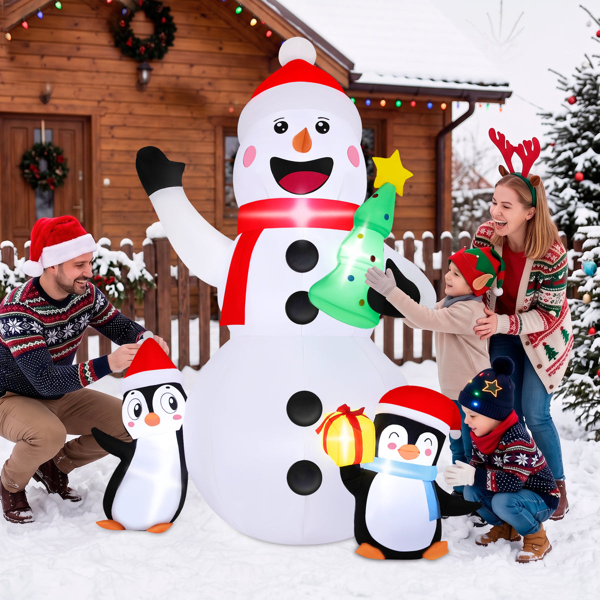 Firstness 6ft Christmas Inflatables, Snowmen Penguin Christmas Tree Gift Box with LED Lights Xmas Blow ups for Outdoor Yard Party Decorations