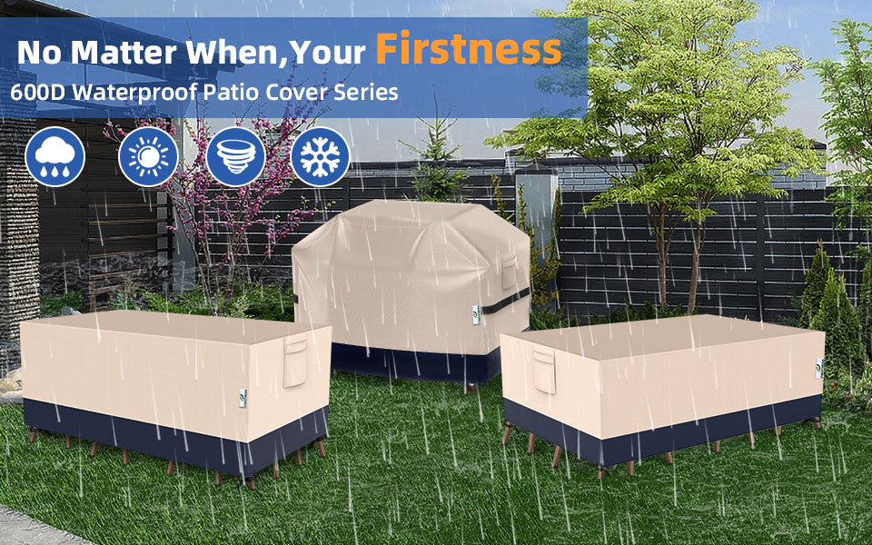Firstness Patio Furniture Cover Waterproof,600D Oxford Fabric Outdoor Rectangular Furniture Set Table Covers(Beige & Brown)