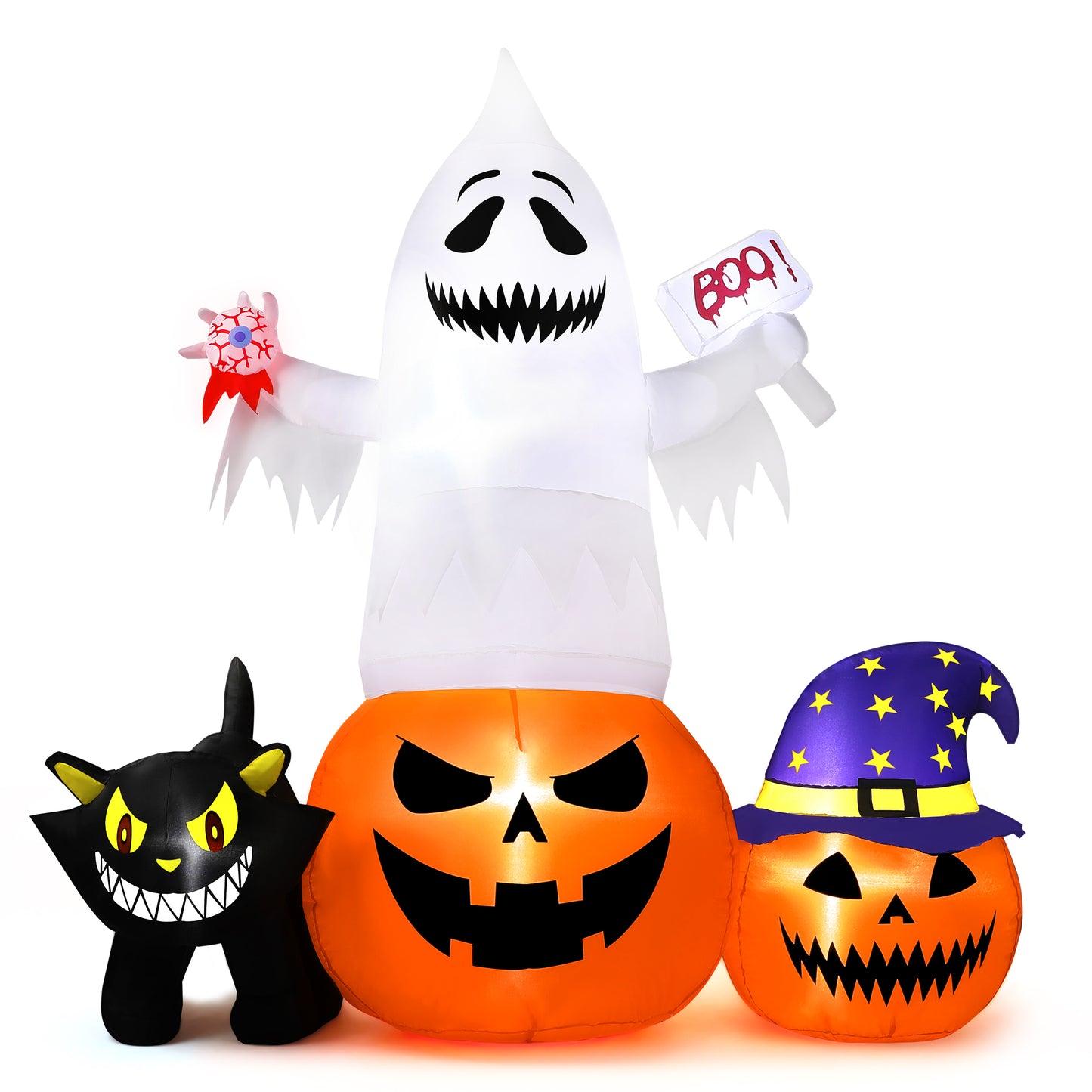 Firstness 6FT Halloween Inflatable, Pumpkin White Ghost Cat with LED Lights Blow up Outdoor Decoration for Yard Garden Lawn Party