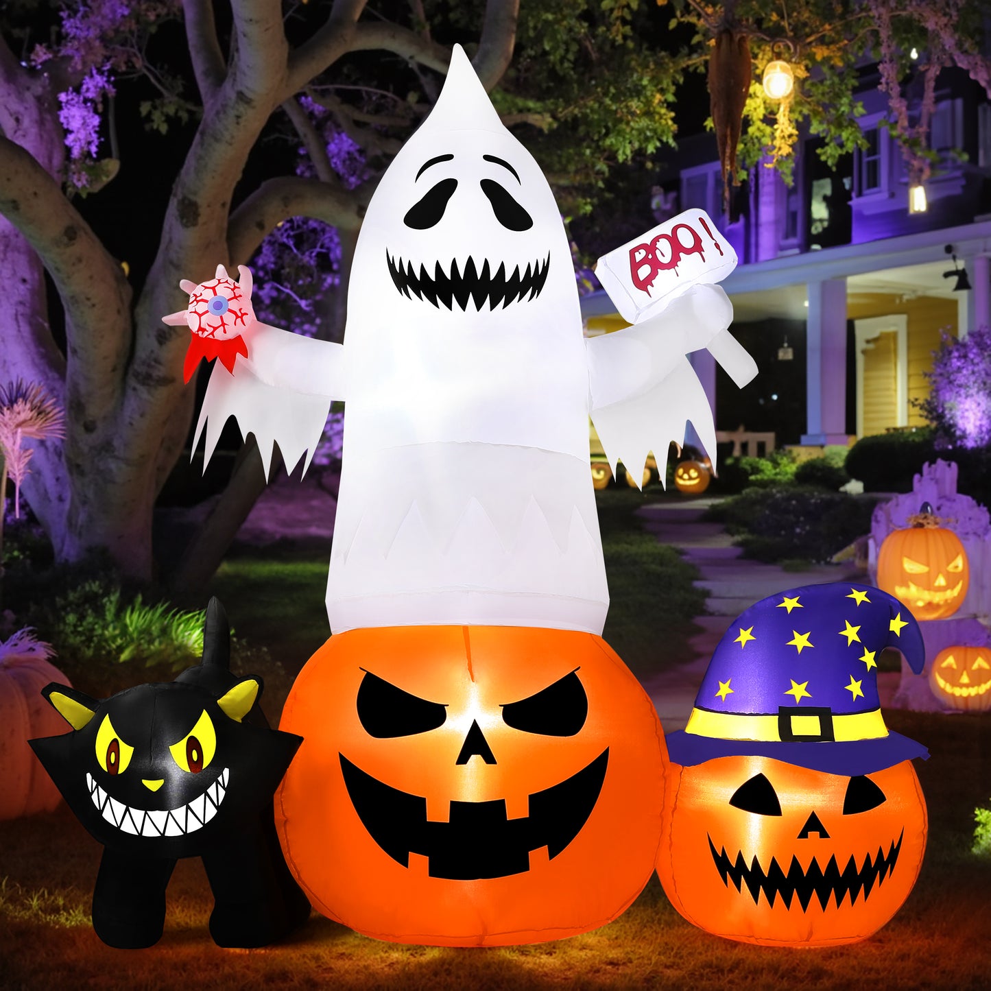 Firstness 6FT Halloween Inflatable, Pumpkin White Ghost Cat with LED Lights Blow up Outdoor Decoration for Yard Garden Lawn Party