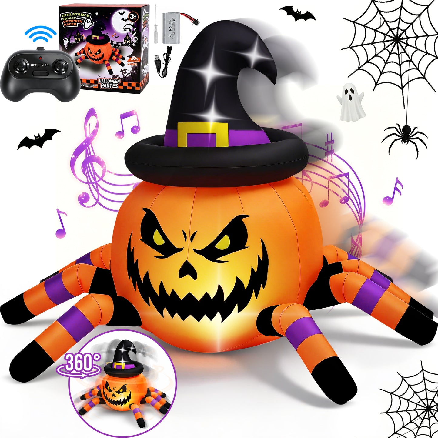 Firstness 2.6ft Halloween Inflatable with Music and Lights,Remote Control Pumpkin Ghost Car,Blow ups Rc Car,Indoor Outdoor,Orange Green