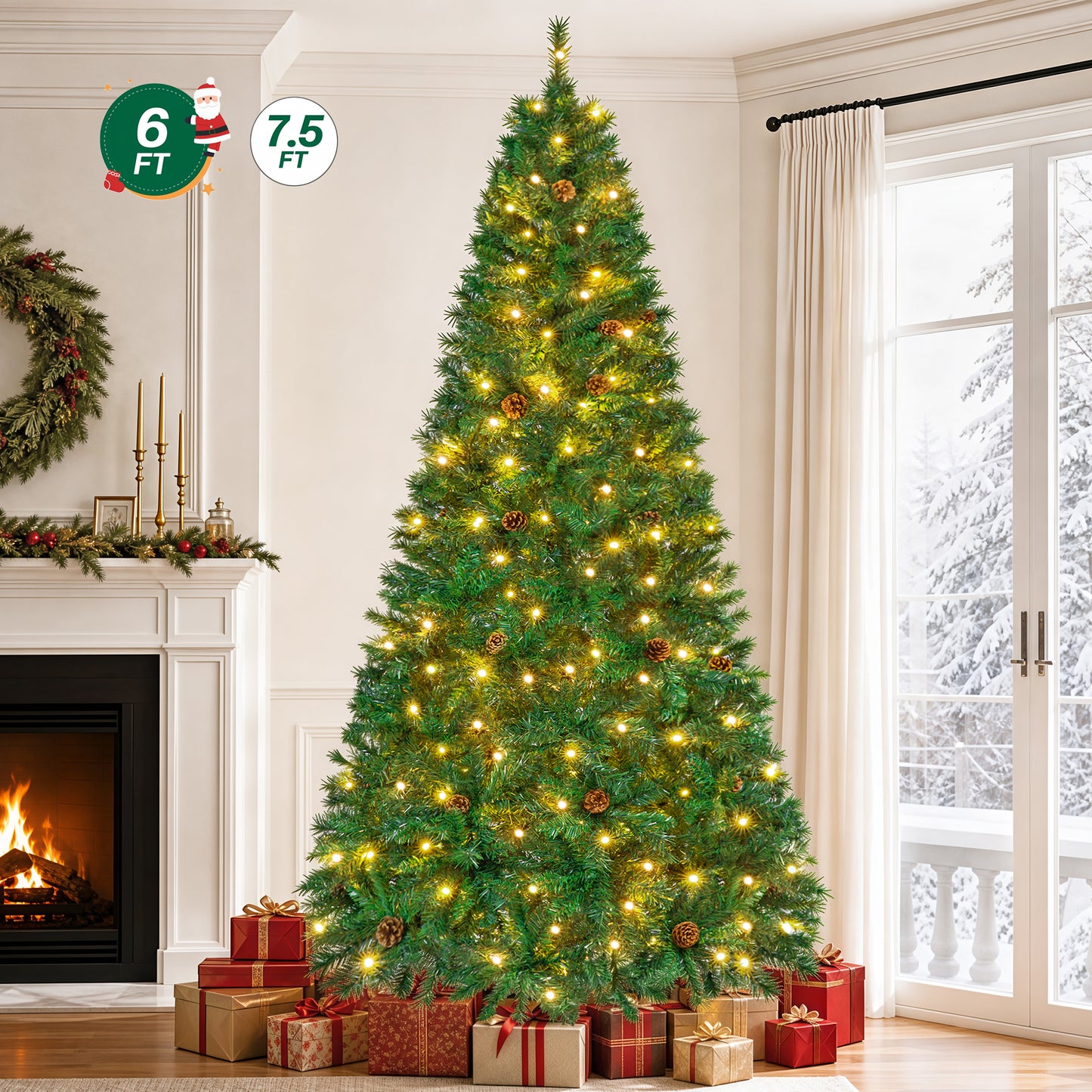 Firstness 6ft Pre-Lit Christmas Tree with 925 Branch Tips, Green Artificial Xmas Tree with Pine Cones, 8 Lighting Modes