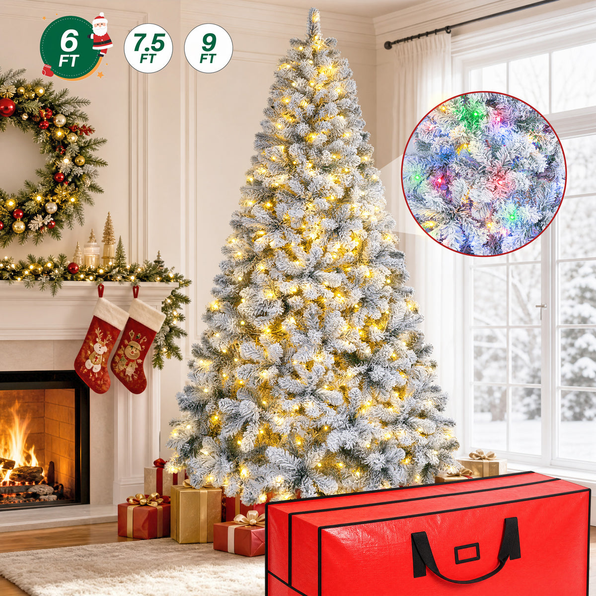Firstness 6ft Pre-Lit Artificial Christmas Tree with 925 Branches,11 lighting Mode Snow Flocked Xmas Tree with Storage Bag