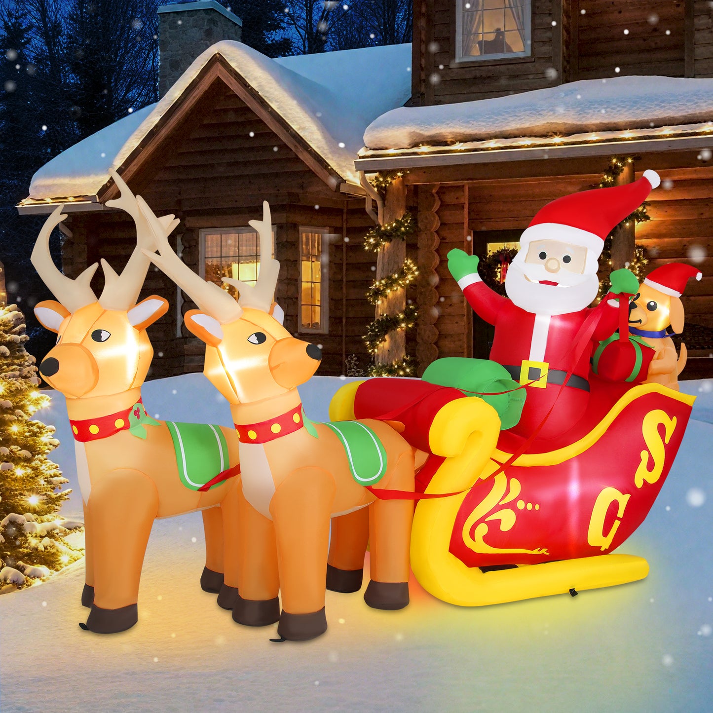 Firstness 7ft Long Christmas Inflatables Santa Claus on Sleigh with 2 Reindeer Outdoor Decorations with LED Lights for Party Yard Garden Lawn Xmas Decor