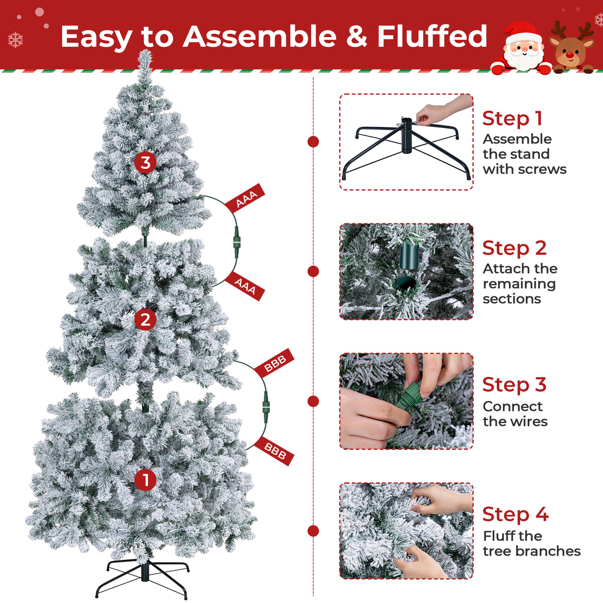 Firstness 6ft Pre-Lit Artificial Christmas Tree with 925 Branches,11 lighting Mode Snow Flocked Xmas Tree with Storage Bag