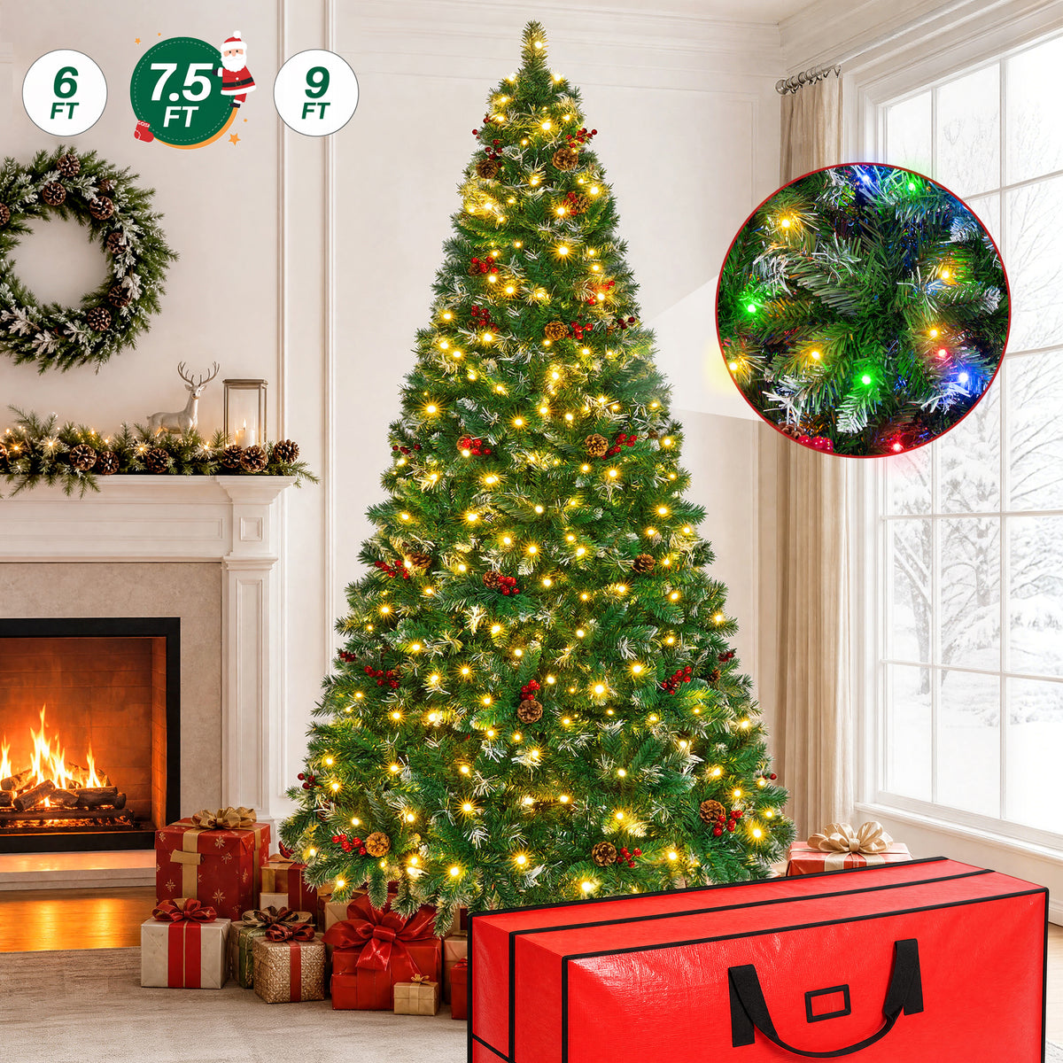 Firstness 6ft Pre-Lit Artificial Christmas Tree with Storage Bag, Warm & Multicolor Xmas Tree with 975 Branch Tips,Pine Cones + Red Berries