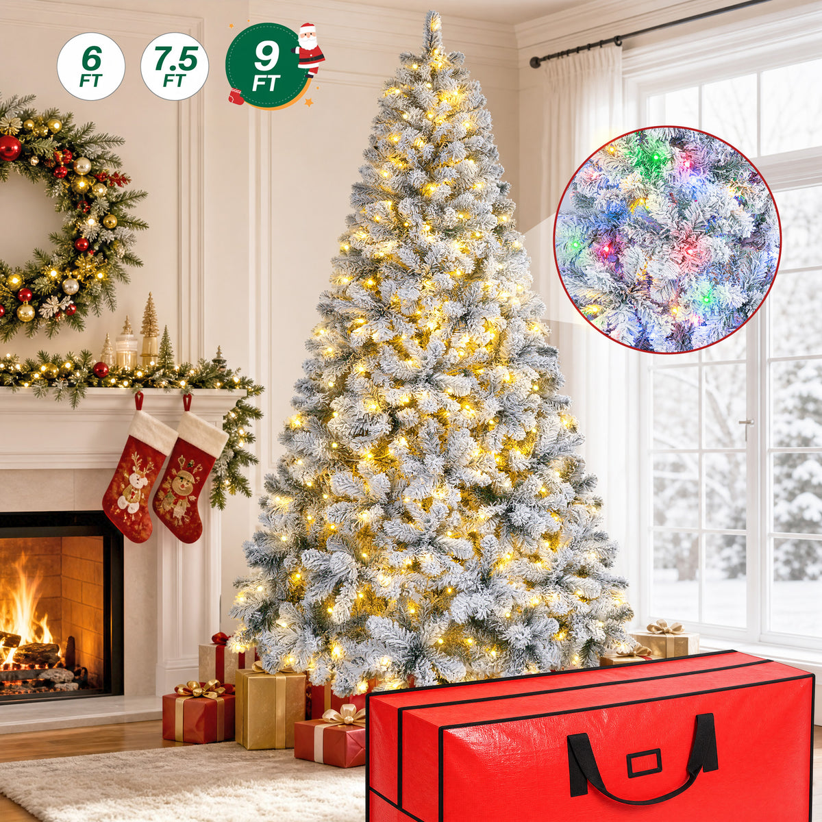 Firstness 6ft Pre-Lit Artificial Christmas Tree with 925 Branches,11 lighting Mode Snow Flocked Xmas Tree with Storage Bag