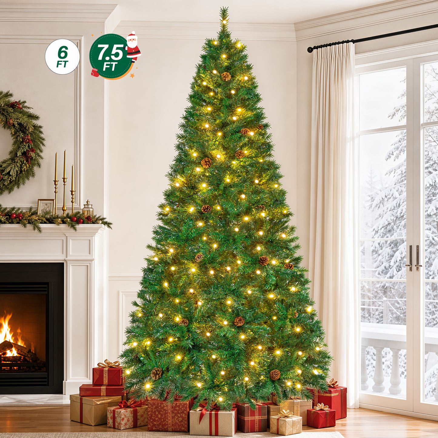 Firstness 6ft Pre-Lit Christmas Tree with 925 Branch Tips, Green Artificial Xmas Tree with Pine Cones, 8 Lighting Modes