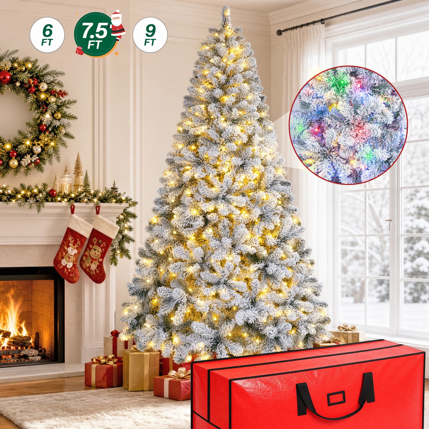 Firstness 7.5ft Pre-Lit Artificial Christmas Tree with 1400 Branches,11 lighting Mode Snow Flocked Xmas Tree with Storage Bag