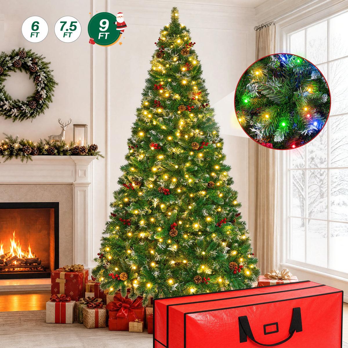 Firstness 6ft Pre-Lit Artificial Christmas Tree with Storage Bag, Warm & Multicolor Xmas Tree with 975 Branch Tips,Pine Cones + Red Berries
