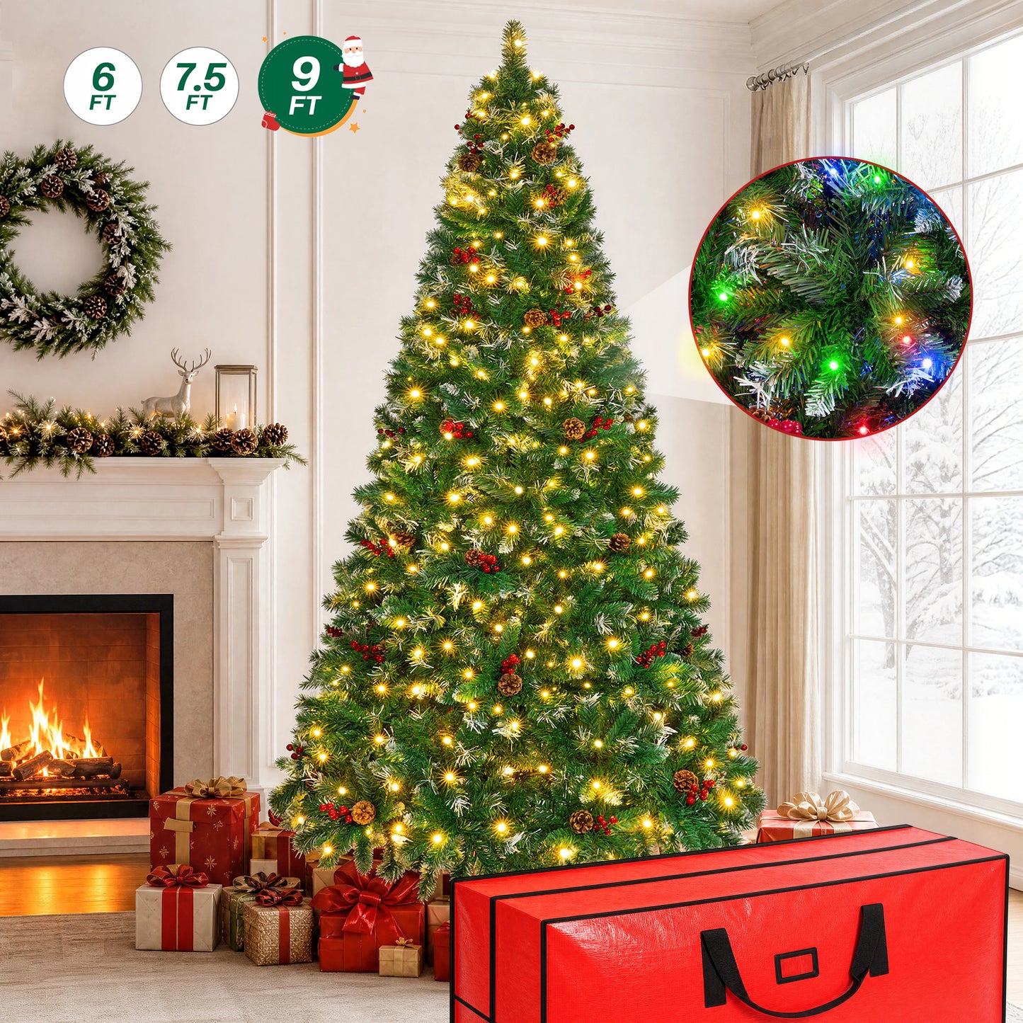 Firstness 9ft Pre-Lit Artificial Christmas Tree with Storage Bag, Warm & Multicolor Xmas Tree with 2300 Branch Tips,Pine Cones + Red Berries