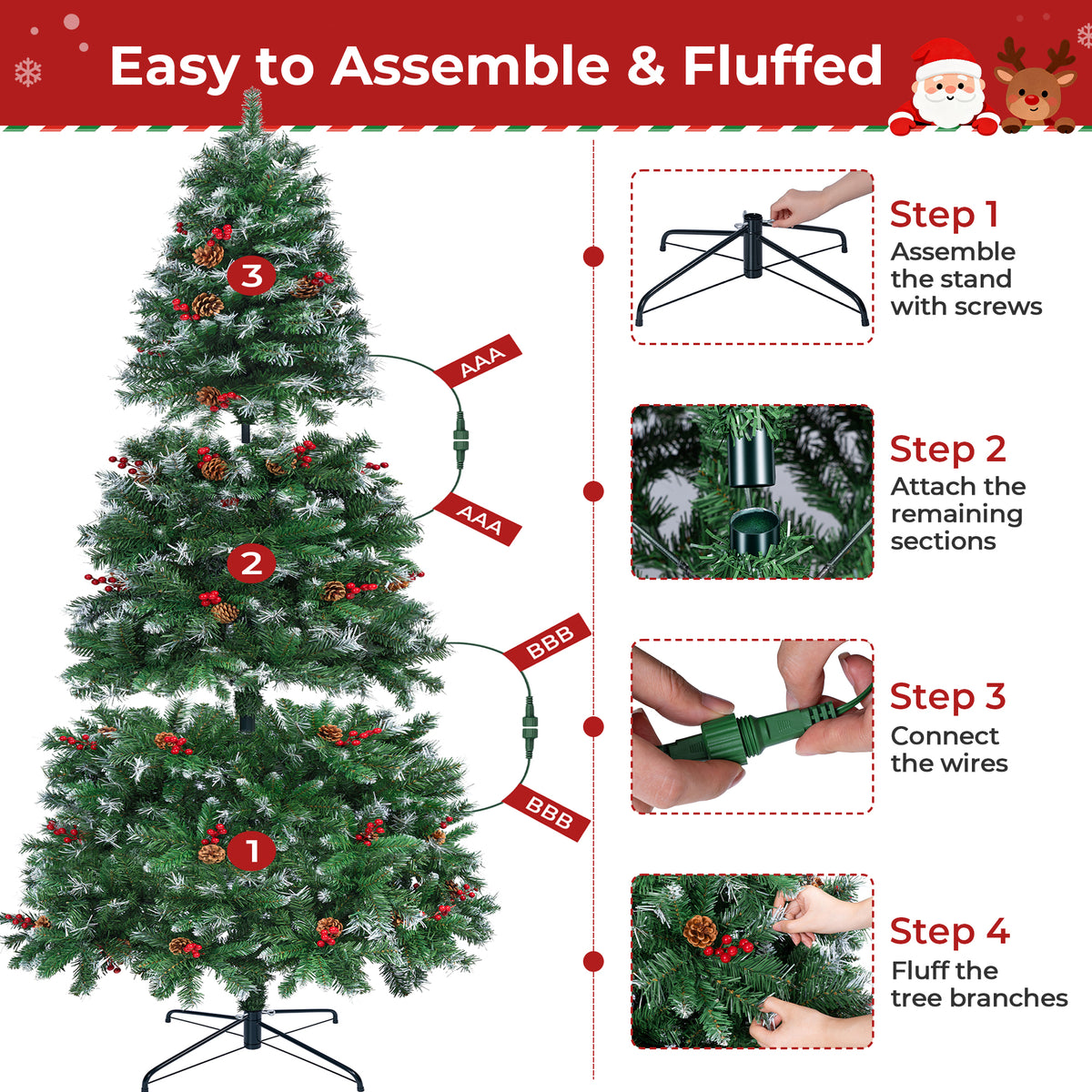 Firstness 6ft Pre-Lit Artificial Christmas Tree with Storage Bag, Warm & Multicolor Xmas Tree with 975 Branch Tips,Pine Cones + Red Berries