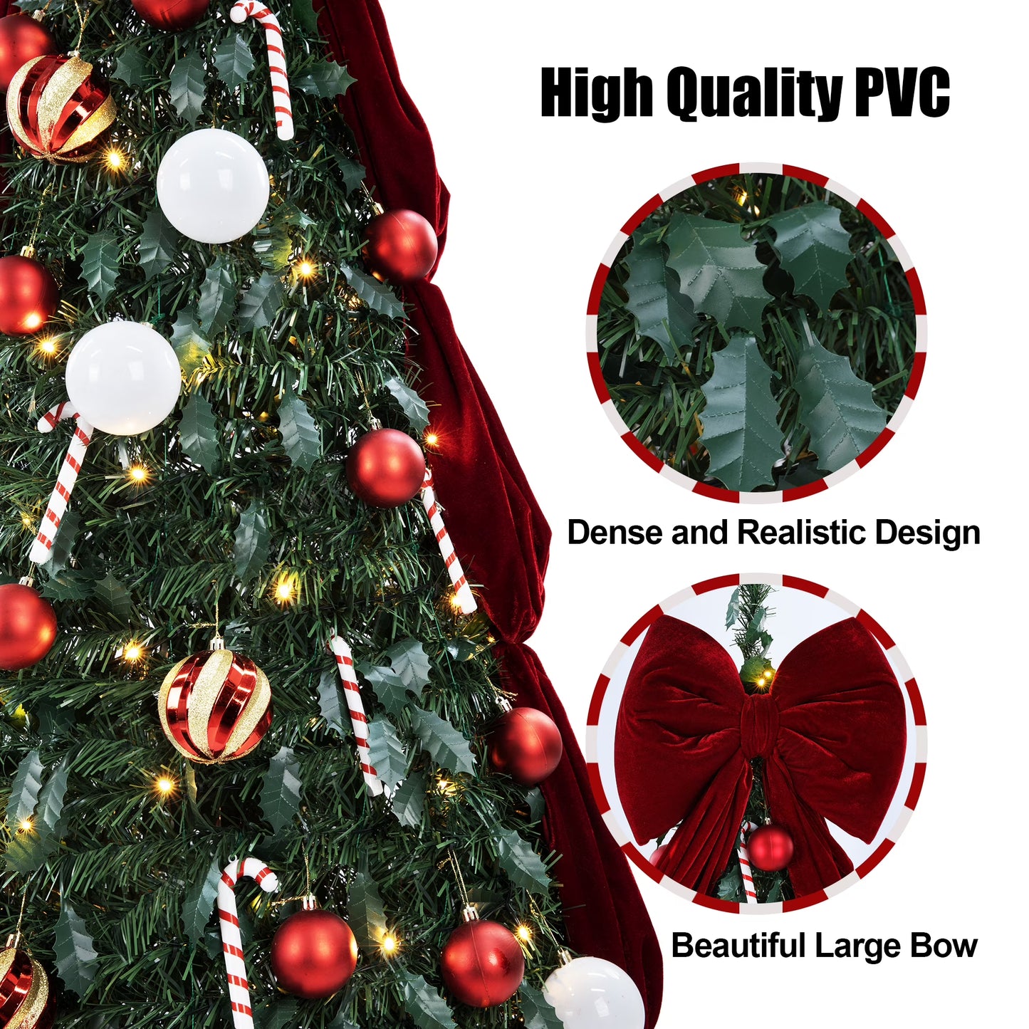 Firstness Christmas Tree 6/7.5FT, Pop up Pre Decorated Pre Lit Artificial Xmas Tree with 150 LED Lights, Large Bow & Ornaments, Lighted Christmas Tree for Holiday Party Decorations, Easy Installation