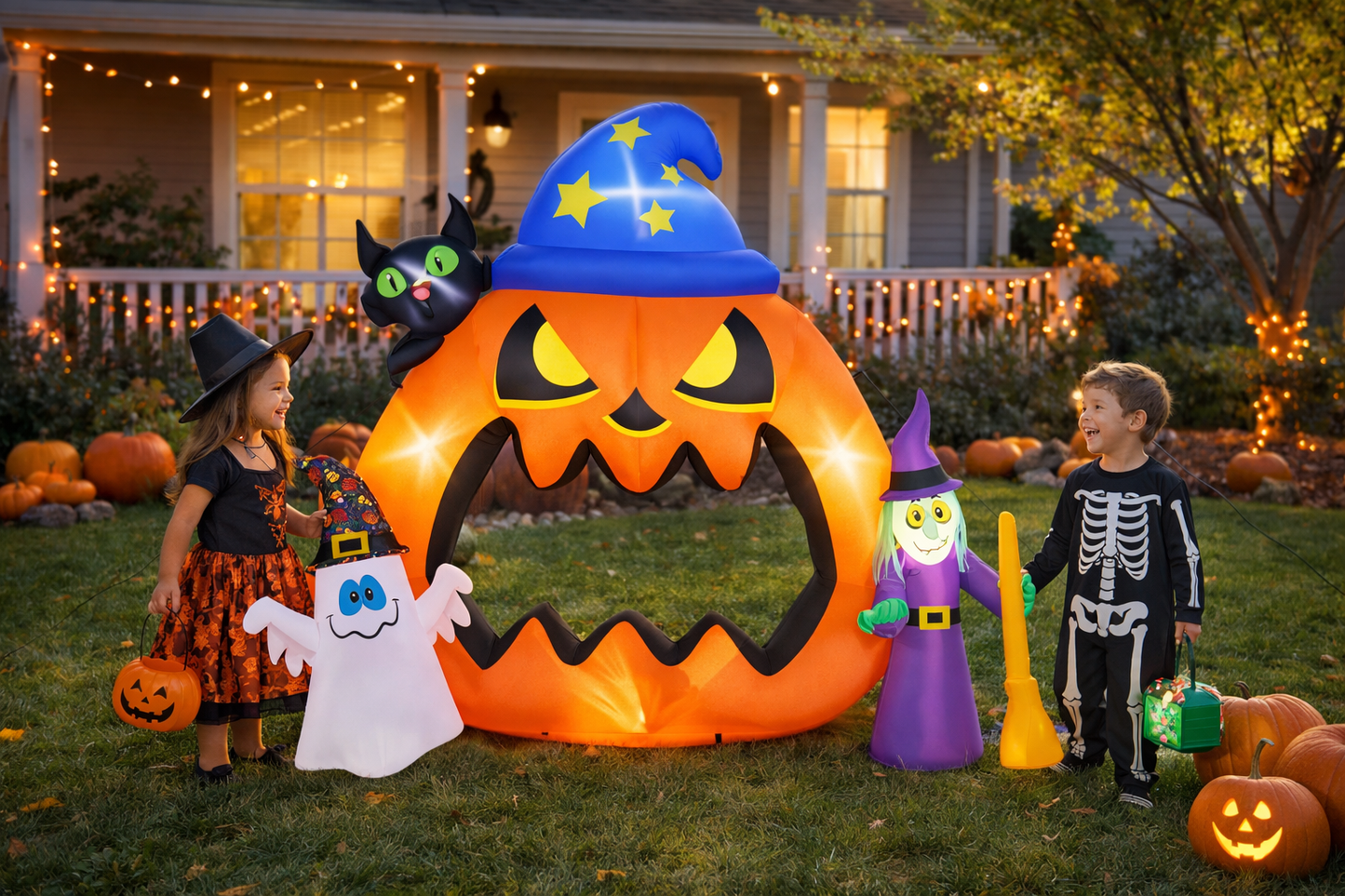 Firstness 8ft Halloween Inflatable Pumpkins Photo Door with Ghost Witch Yard Party Outdoor Decorations with LED Lights
