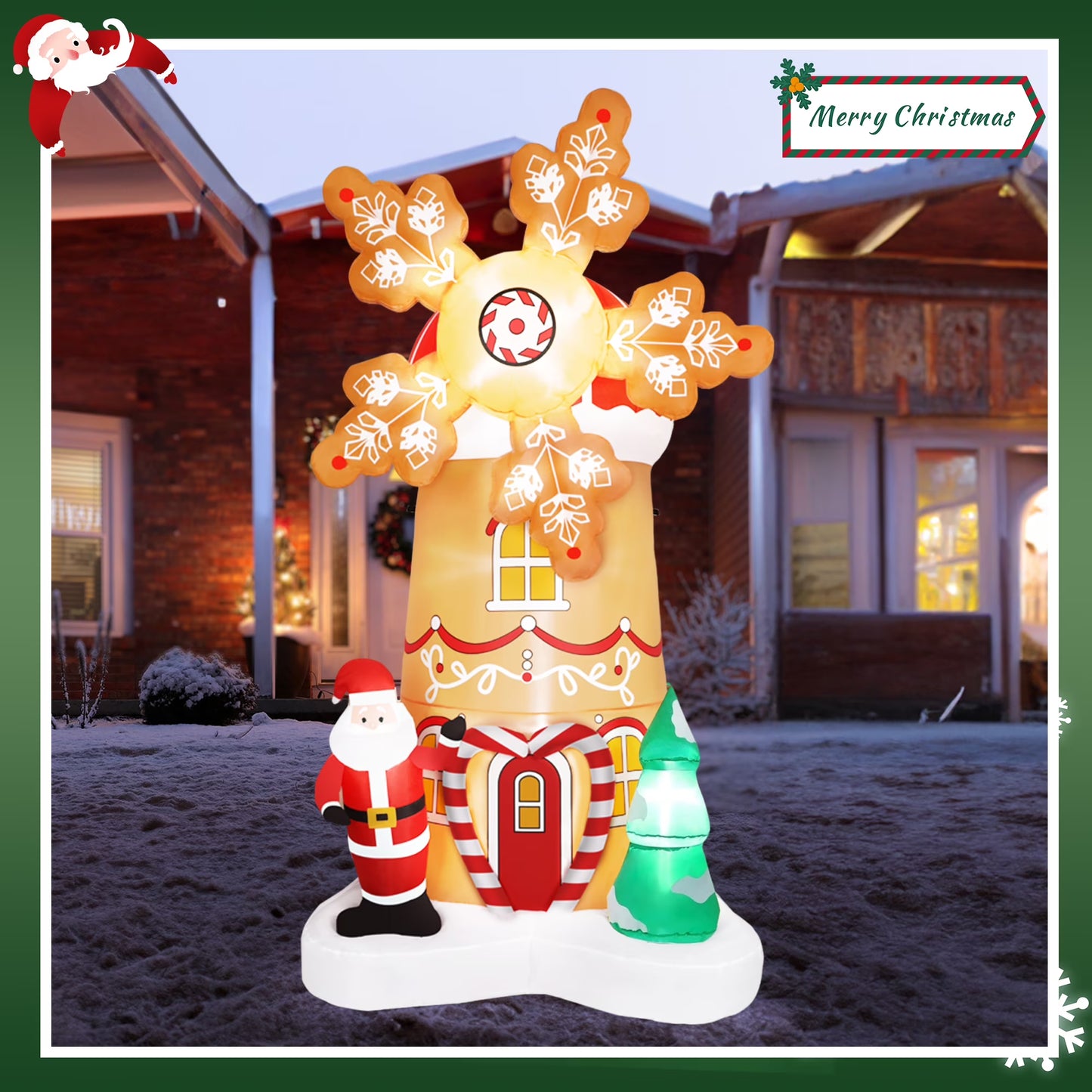 Firstness 8FT Christmas Inflatables Outdoor Decoration Christmas blow Ups Xmas Tree Windmill Spin Santa Claus for Holiday Lawn Yard Garden