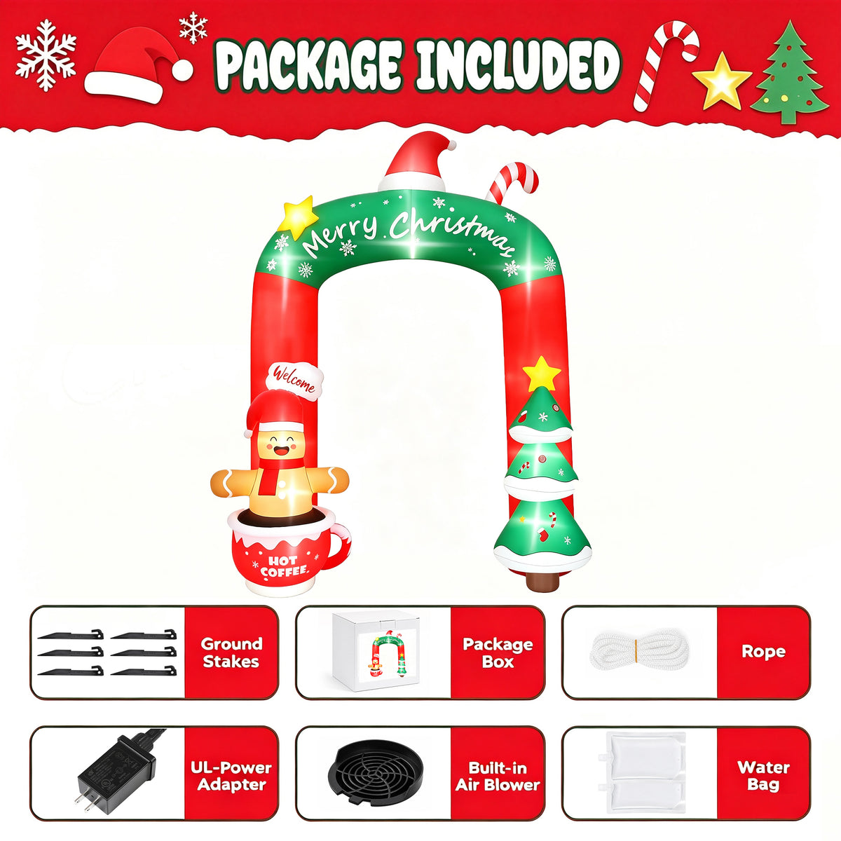 Firstness 9ft Christmas Inflatables Archway Christmas Blow ups with LED Lights, Arch Xmas Tree & Cup Gingerbread Man Outdoor Yard Decoration