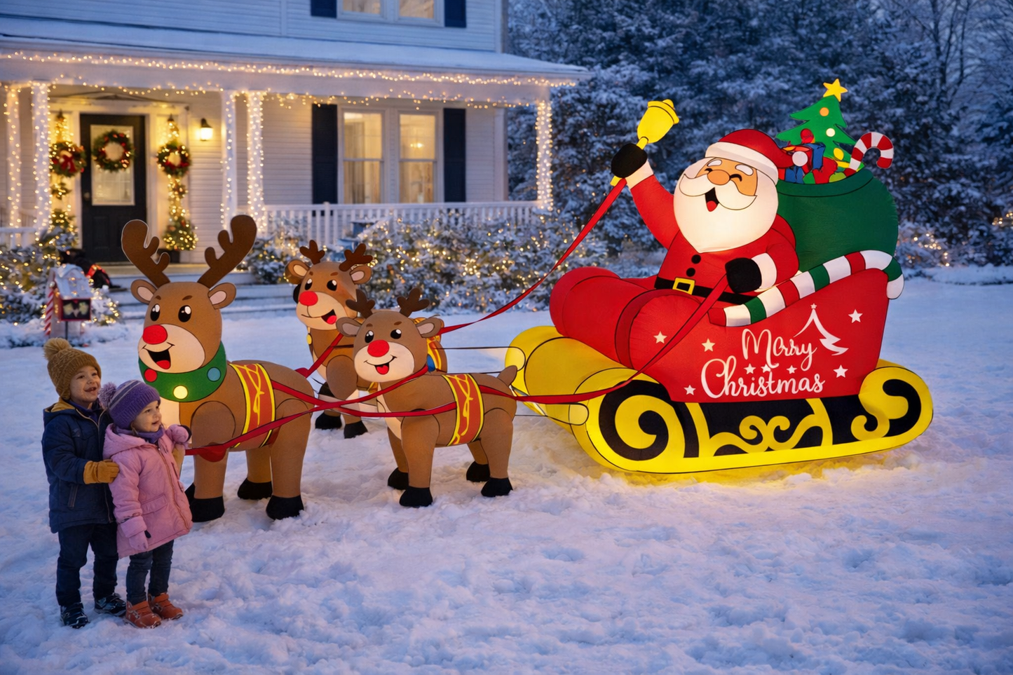 Firstness 8ft Christmas Inflatables Santa Claus on Sleigh with 3 Reindeer Xmas Blow ups Outdoor Decoration