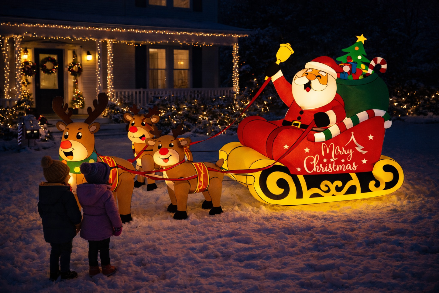 Firstness 8ft Christmas Inflatables Santa Claus on Sleigh with 3 Reindeer Xmas Blow ups Outdoor Decoration