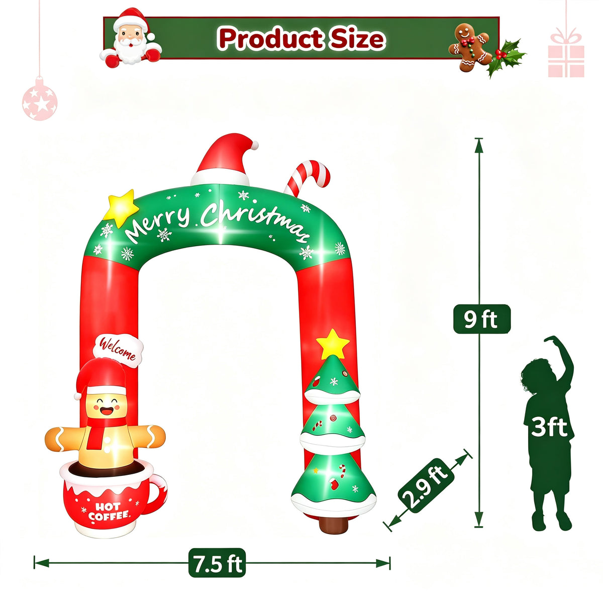 Firstness 9ft Christmas Inflatables Archway Christmas Blow ups with LED Lights, Arch Xmas Tree & Cup Gingerbread Man Outdoor Yard Decoration