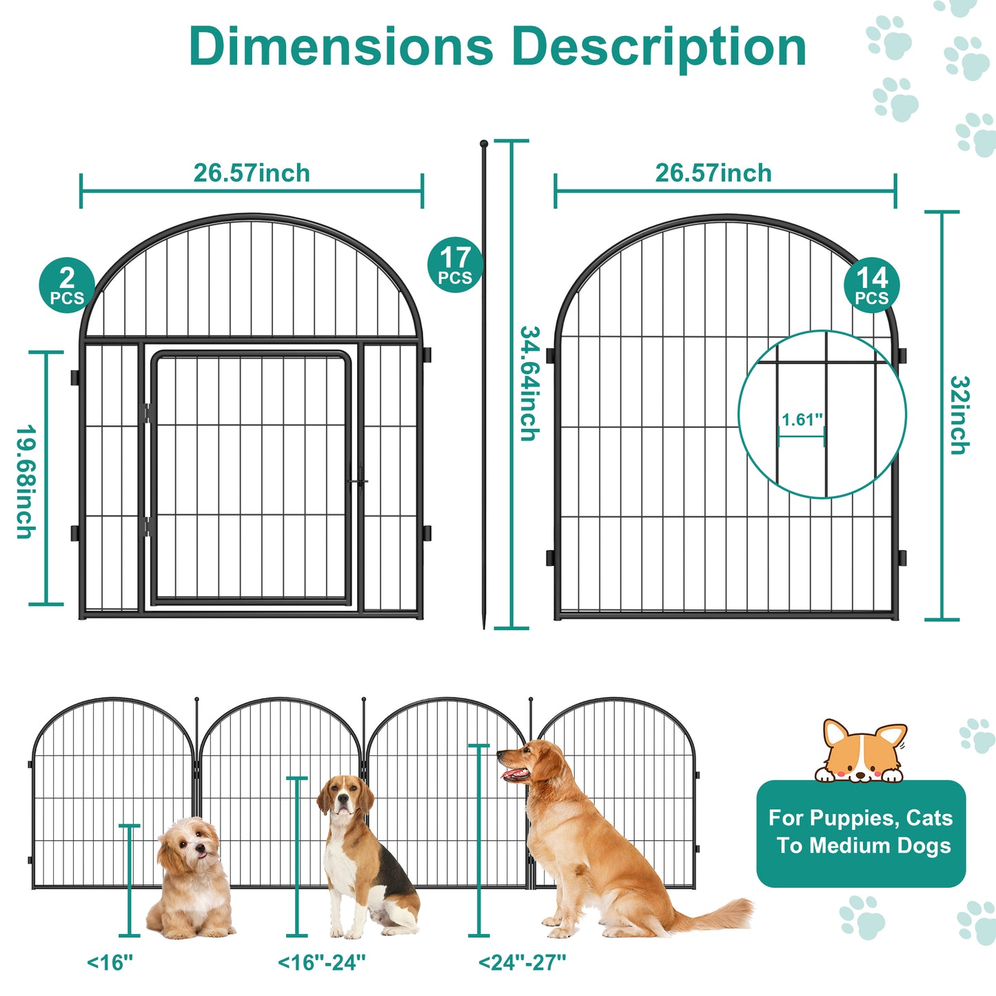 Monasem Dog Playpen,16 Panels 32" Height Dog Fence for Small Medium Dogs Pets,Dog Kennel for Outdoor Indoor Camping Yard and RV(Black)