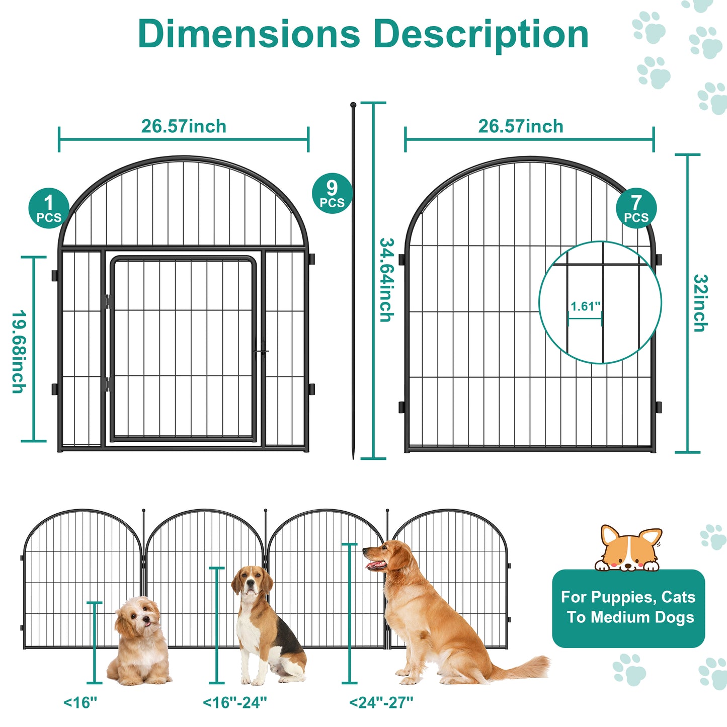 Monasem Dog Playpen,8 Panels 32" Height Dog Fence for Small Medium Dogs Pets,Dog Kennel for Outdoor Indoor Camping Yard and RV(Black)