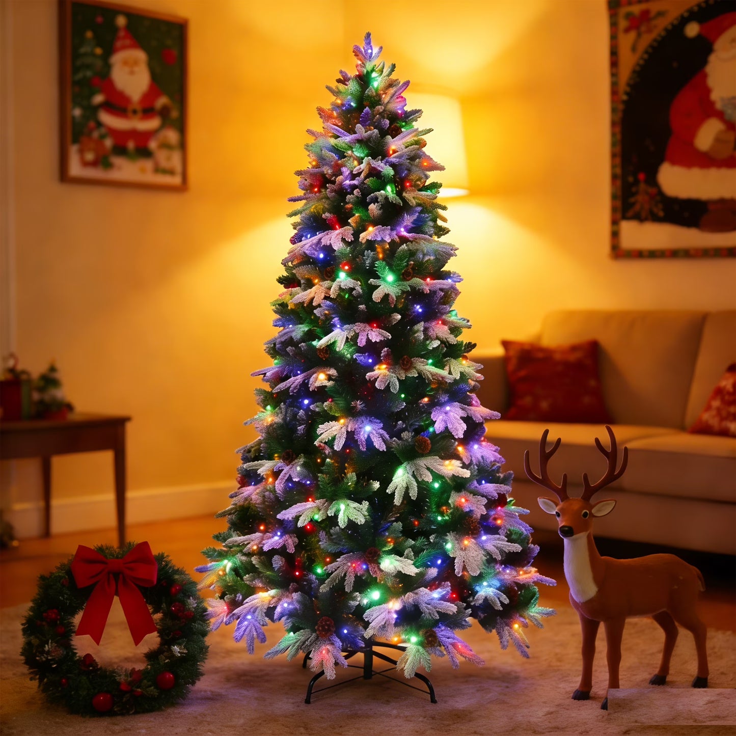 Firstness 6ft Christmas Tree PE Flocked Artificial Christmas Tree with Colorful Lights,Green White