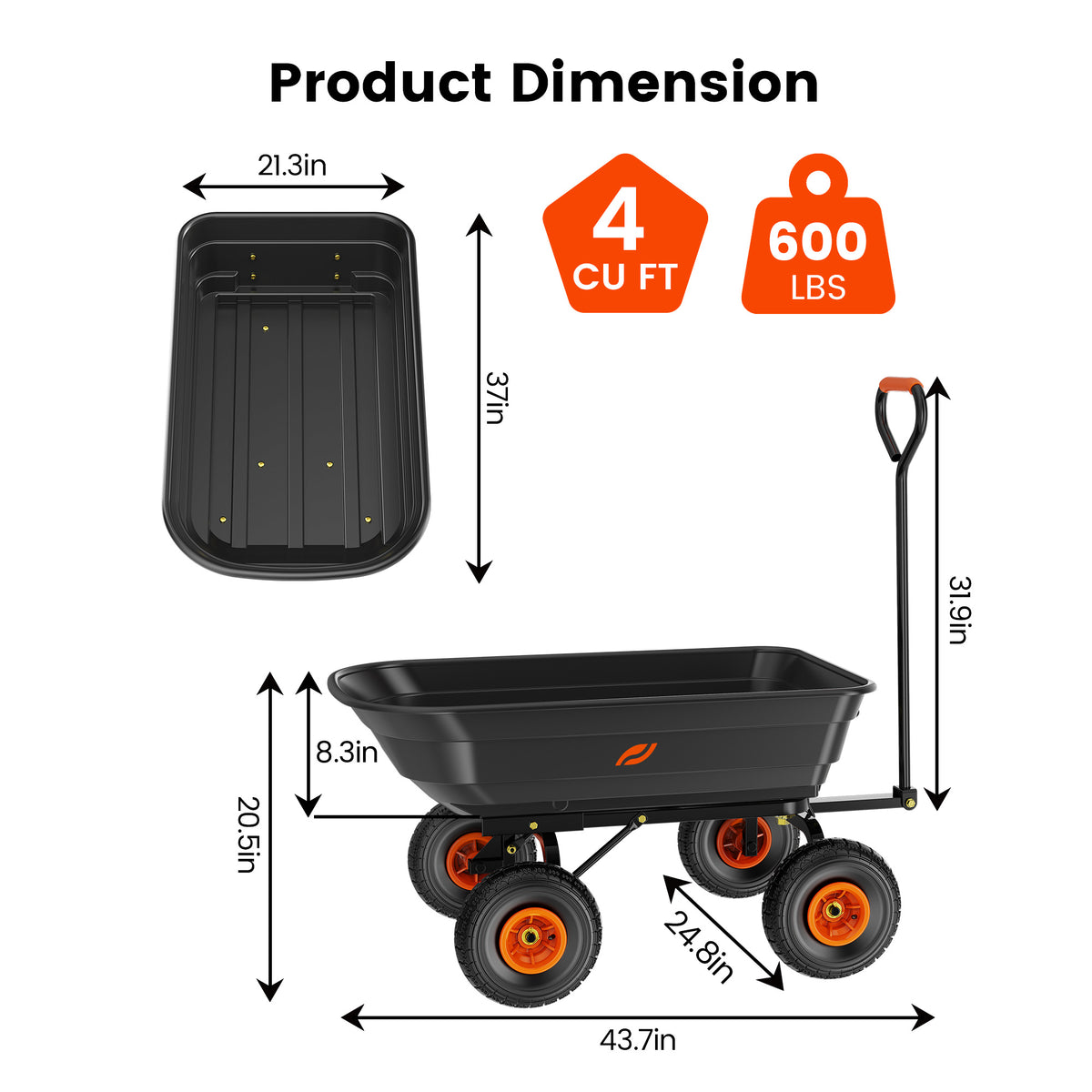 Firstness Garden Dump Cart, 600 lbs. 4 Cu. Ft. Heavy Duty Garden Wagon for Garden Lawn Farm Landscaping, Yellow