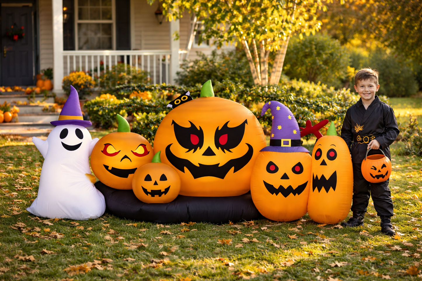 Firstness 8ft Length Halloween Inflatable,Pumpkins Ghost with Lights Halloween Decoration Outdoor