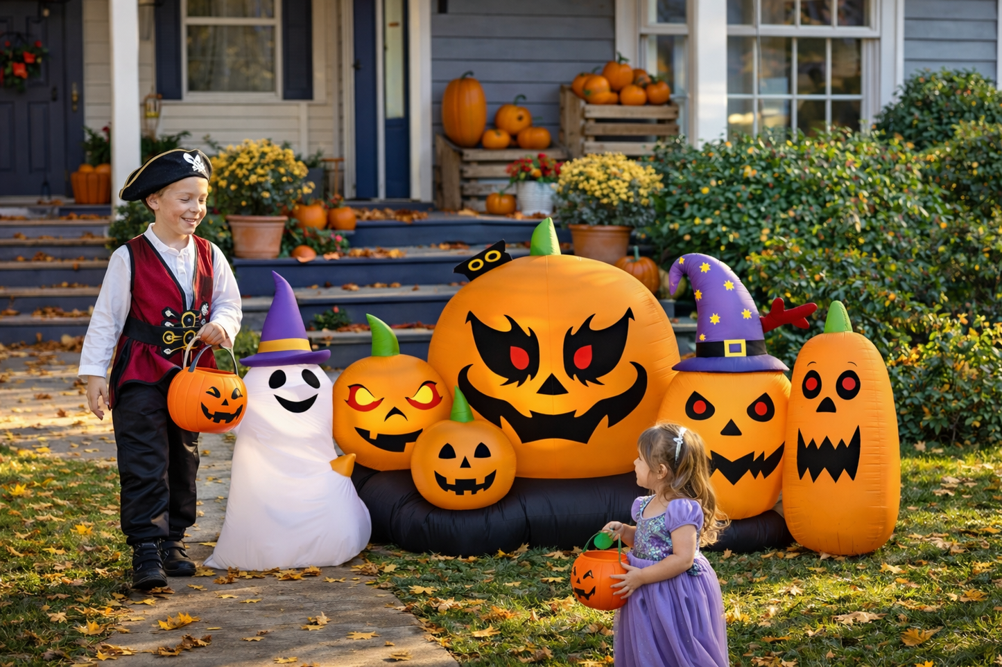 Firstness 8ft Length Halloween Inflatable,Pumpkins Ghost with Lights Halloween Decoration Outdoor