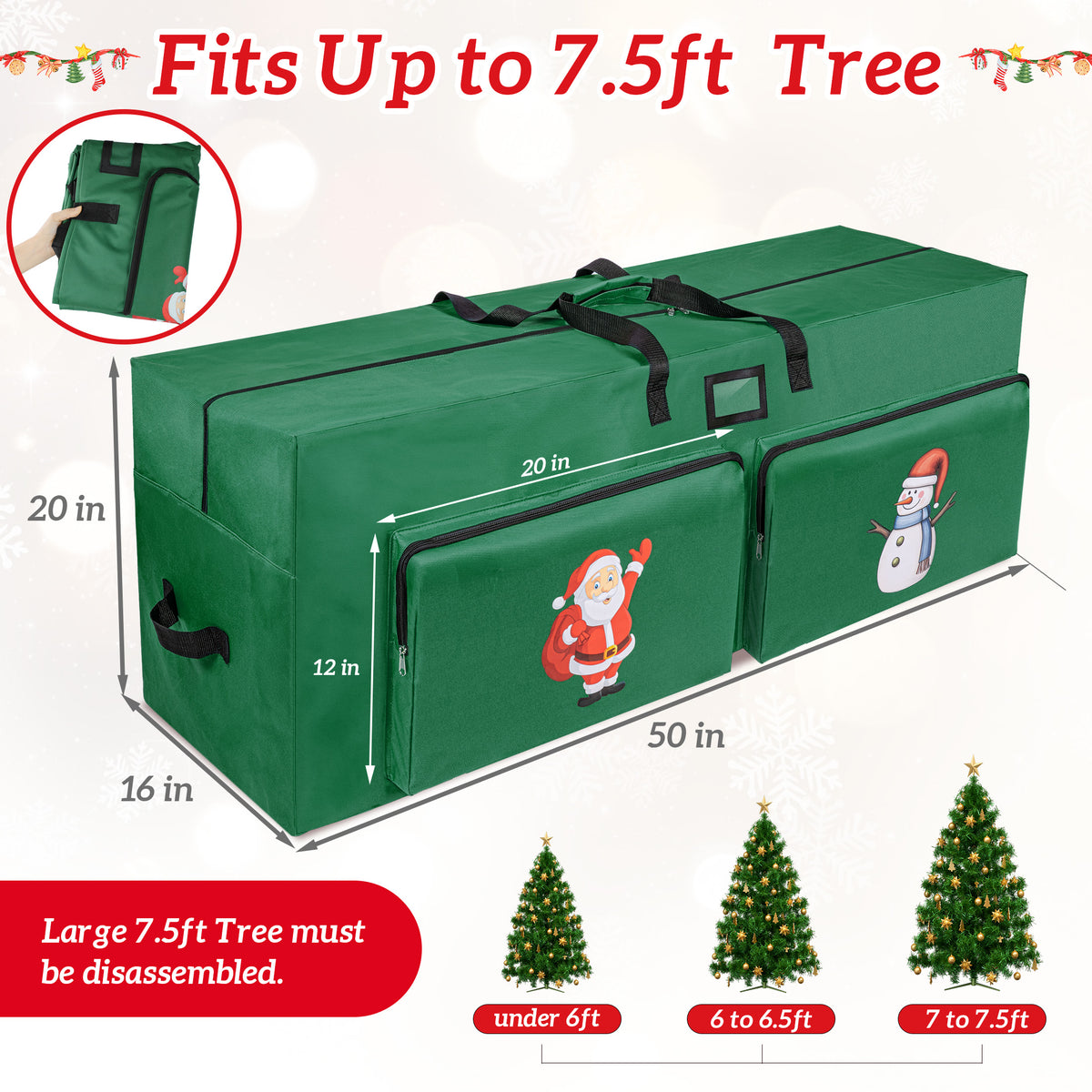 Firstness Christmas Tree Storage Bag,Fit up to 7.5ft Tree Storage Bag with 2 Pocket,Green