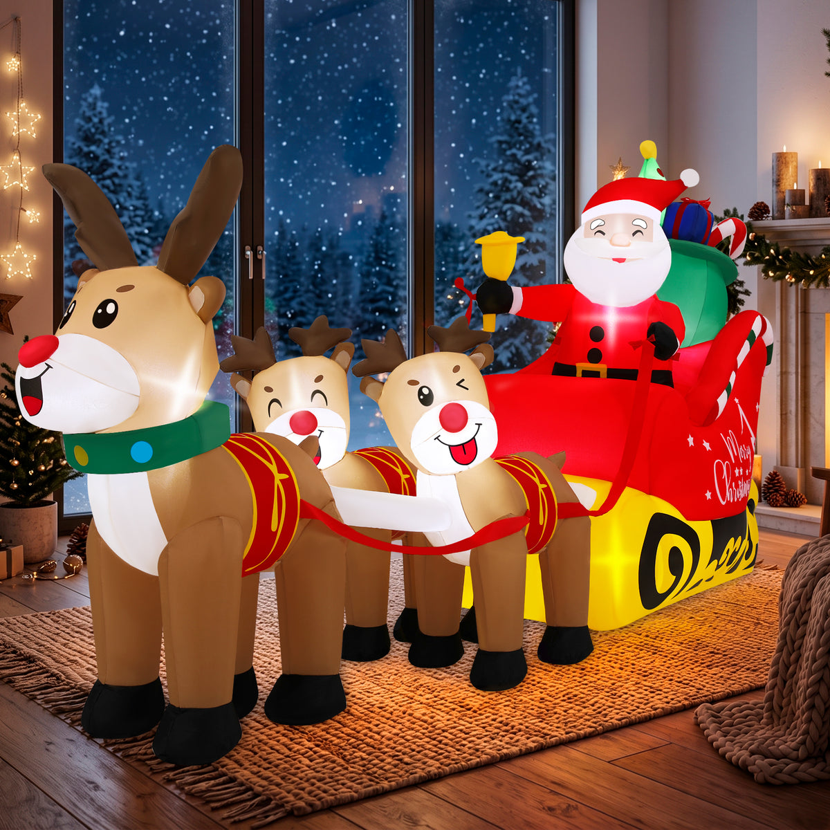 Firstness 8ft Christmas Inflatables Santa Claus on Sleigh with 3 Reindeer Xmas Blow ups with LED Lights Outdoor Yard Lawn Decoration